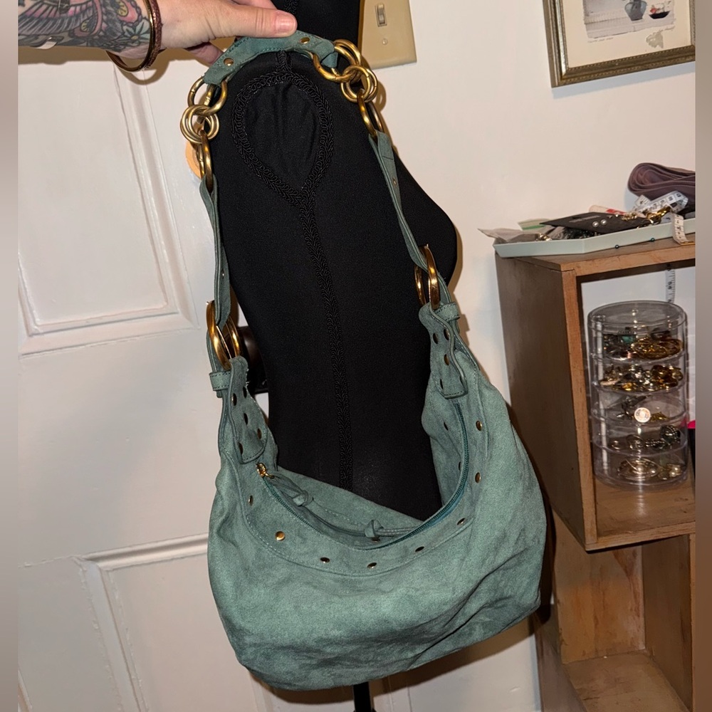 Teal suede like rampage y2k 🌙 shape bag